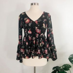 True Craft black floral boho bell-sleeve blouse